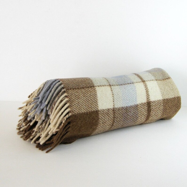 Vintage Wool Plaid Blanket with Fringe Blue Brown Ivory Home Etsy