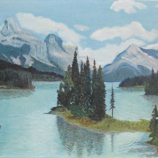 RESERVED - Vintage Landscape Painting - Canadian Mountain Landscape - Large Painting - Rocky Mountains - Cloudy Blue Sky - Nature Study