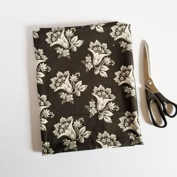 Floral Print Cotton Fabric - Vintage Black and White Poplin, 1.35 Yards - Nancy Gere Windham