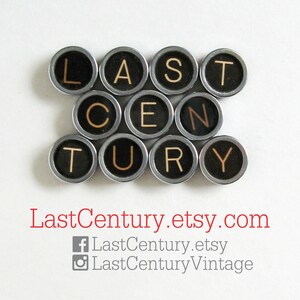 May include: Black typewriter keys spelling out the word "LAST CENTURY" with gold lettering. The image includes the website address "LastCentury.etsy.com" and social media handles for Facebook and Instagram.
