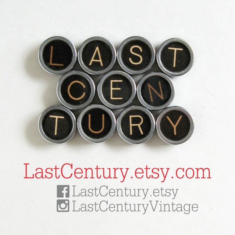 May include: Black typewriter keys spelling out the word "LAST CENTURY" with gold lettering. The image includes the website address "LastCentury.etsy.com" and social media handles for Facebook and Instagram.