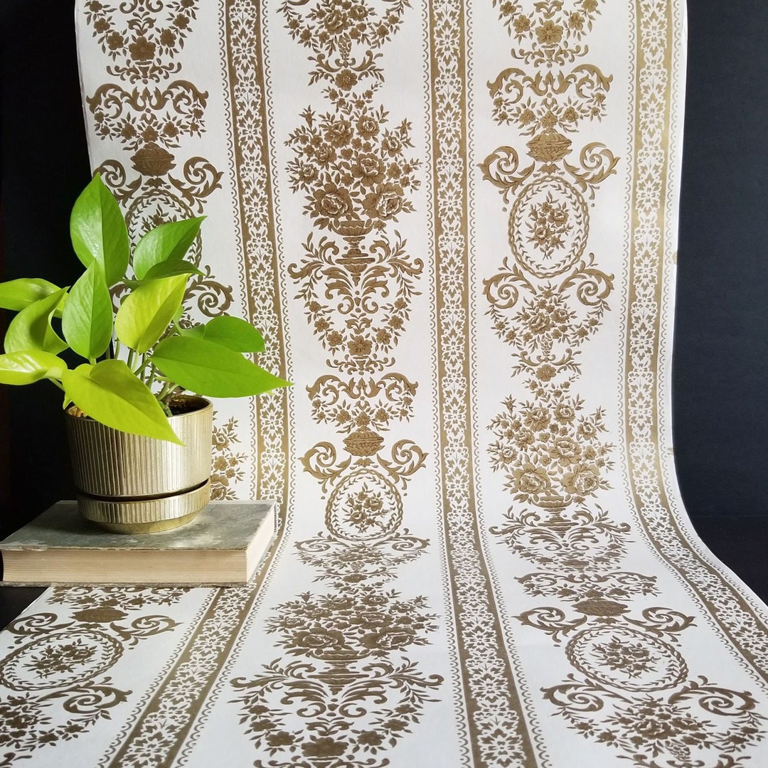 Gold Floral Damask Wallpaper - 41.4 Feet Roll of Vintage Pre Pasted ...