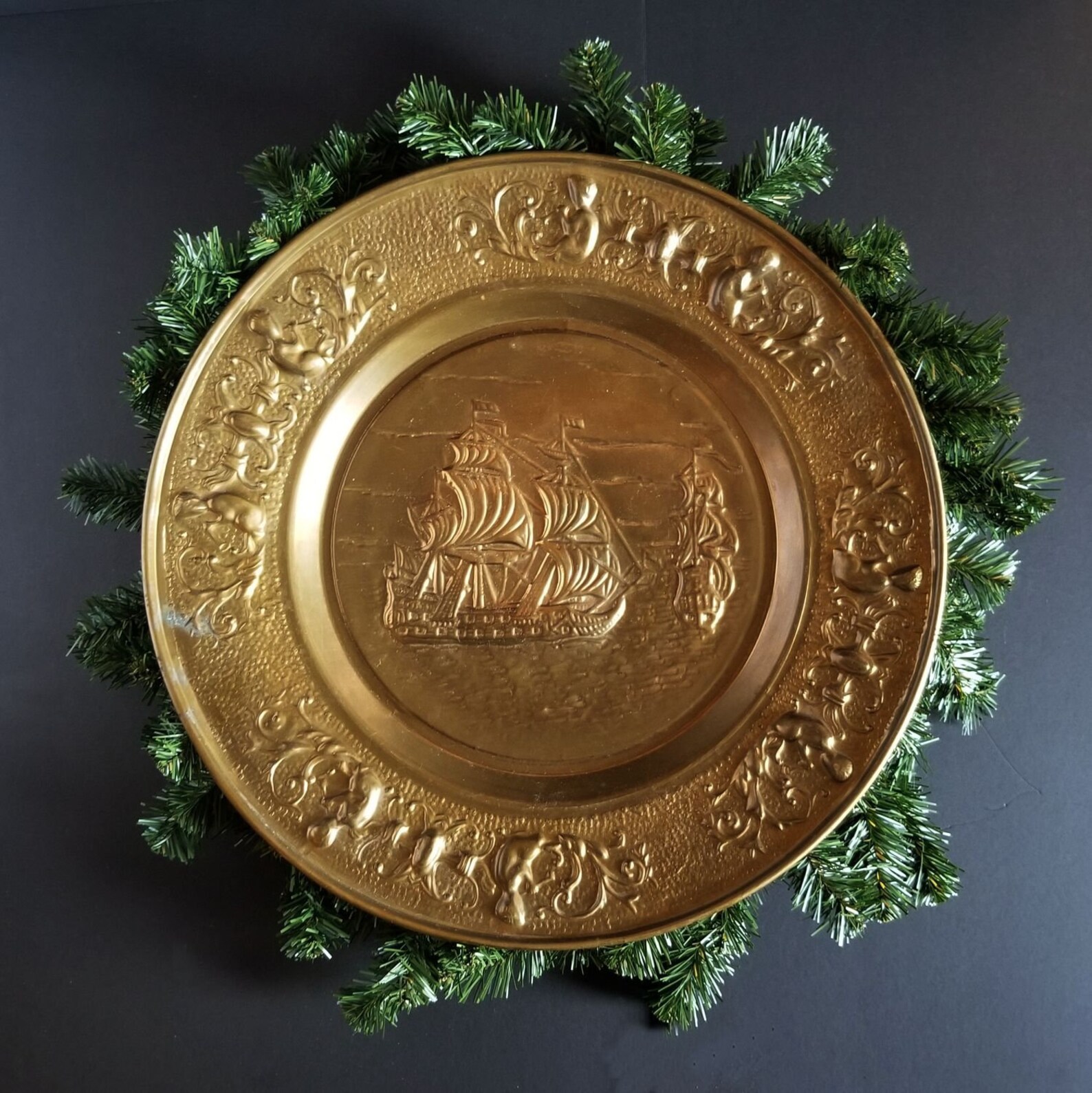 Brass Sailing Ships Wall Hanging w Cherub Design Vintage Etsy