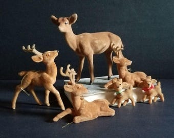 Flocked Velvet Deer Figurines - Set of 6 Vintage Christmas Holiday Decorations