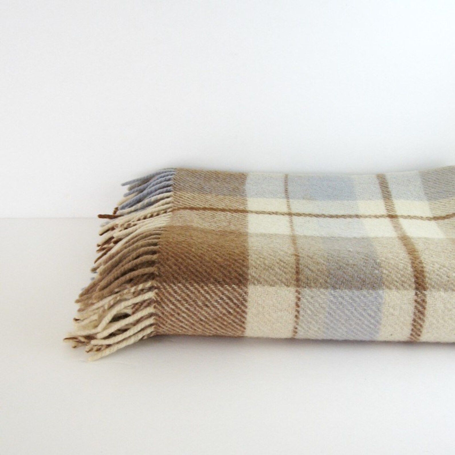 Vintage Wool Plaid Blanket with Fringe Blue Brown Ivory Home Etsy