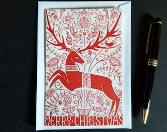 Reindeer Christmas Greeting Card - Vintage Red & White Hungarian Folk Art - Dora De Pedery Hunt