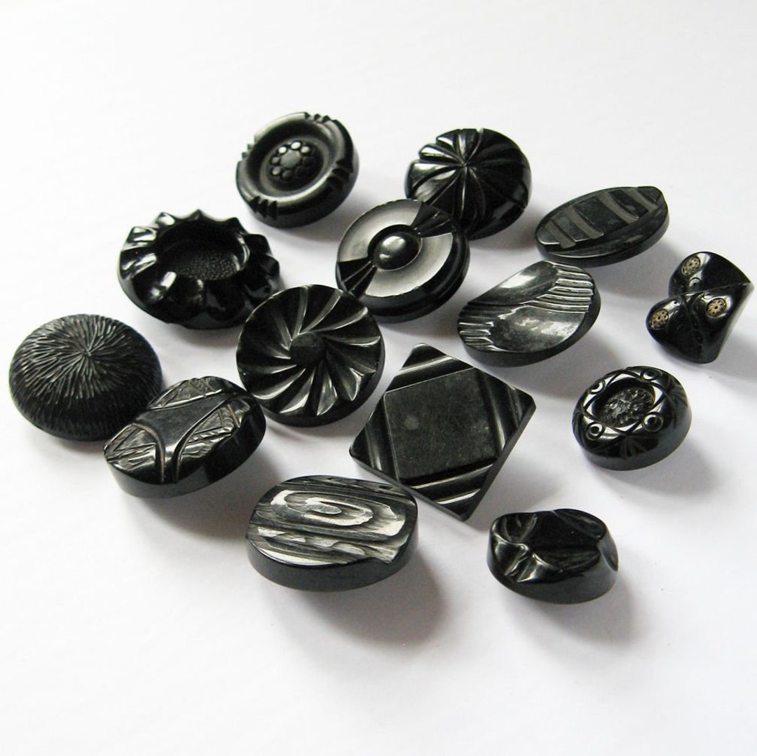 Lot of 14 Black Shank Buttons Large 28 to 40 Mm Vintage Decorative Coat