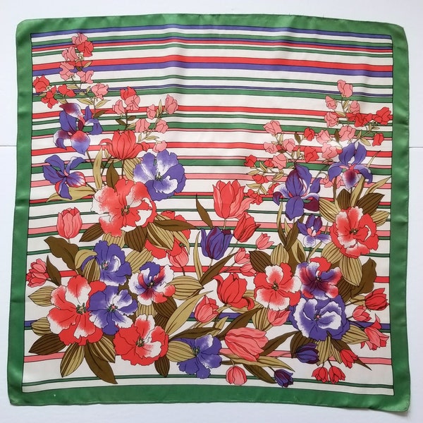 Green Stripe Print Scarf w Coral Pink & Purple Flowers - 26" Vintage Retro Fashion Print Headscarf - Silky Acetate Twill Scarf Made in Italy