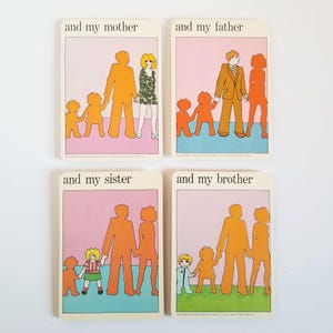 A set of four rectangular cards with colourful illustrations of a family of four. The first card has the text 'and my mother' at the top. The second card has the text 'and my father' at the top. The third card has the text 'and my sister' at the top. The 4th card has the text 'and my brother' at the top. Each card shows the family of four in silhouette and only the family member named is fully illustrated.