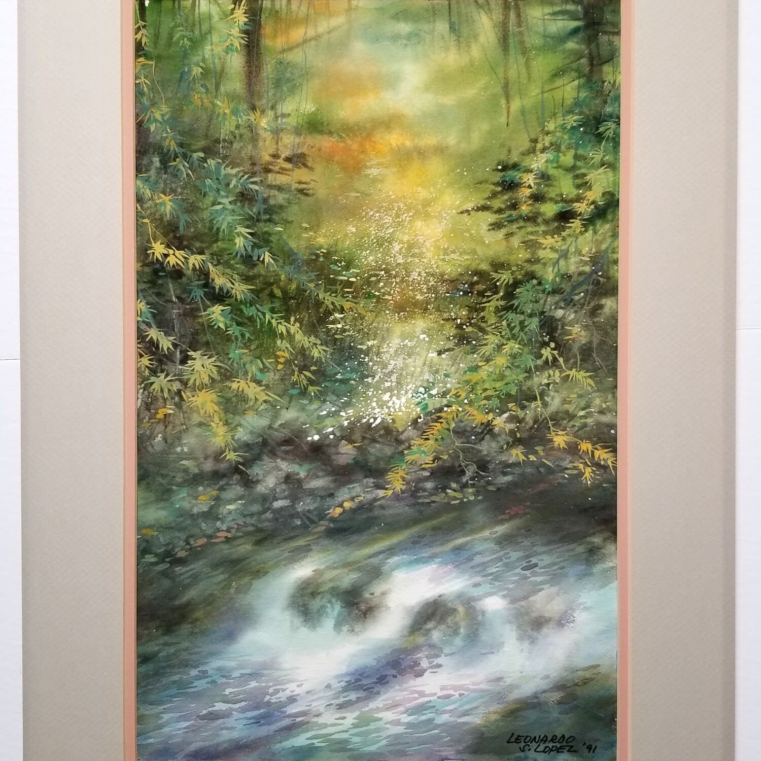 Aquarelle Ancienne Du XIXe Siècle – Paysage De Lac Et Rivière Avec Arbres, Peinture Originale