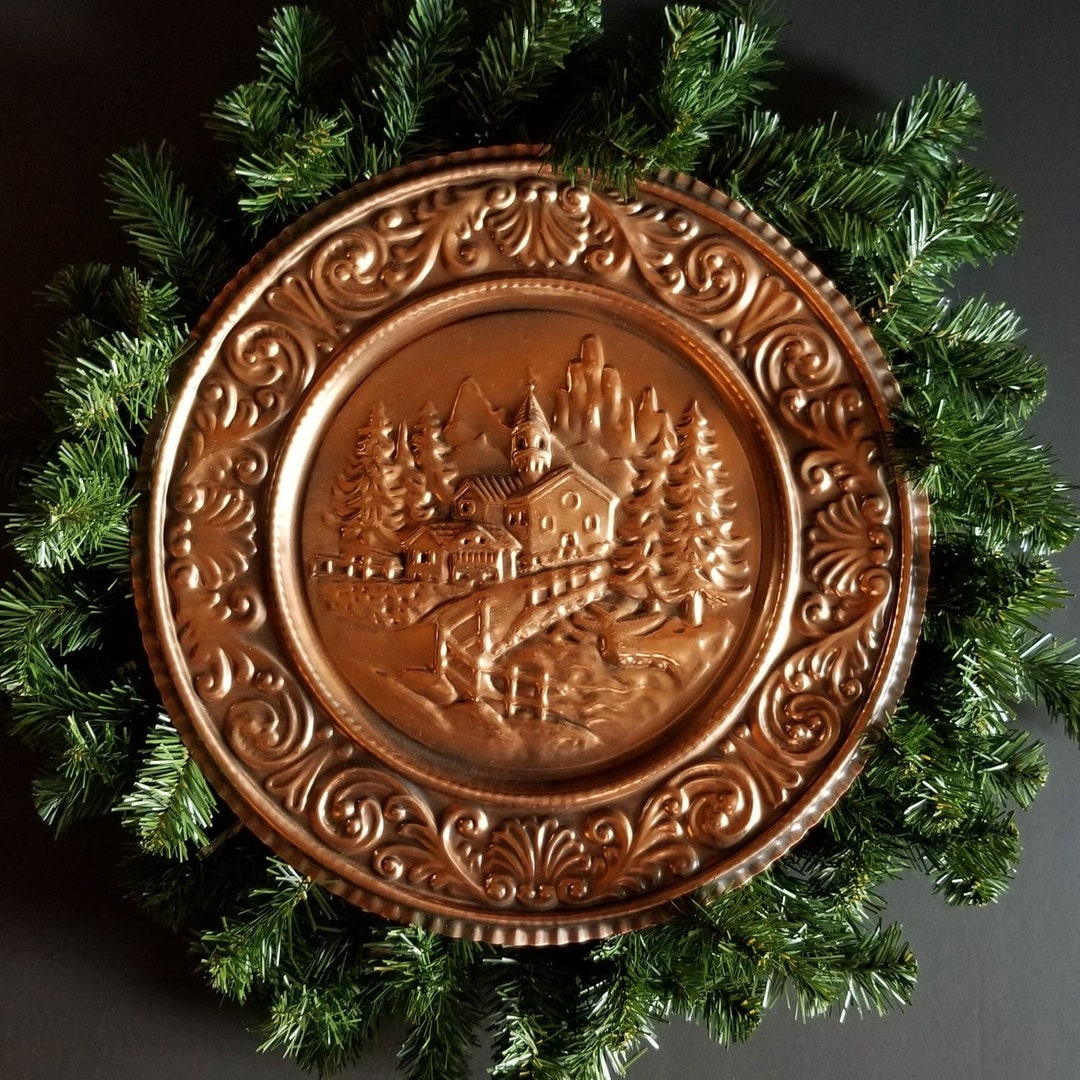 Embossed Copper Plaque Mountain River Landscape Scene With Pine Trees