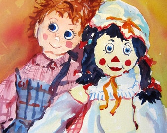 Raggedy Ann and Andy - 14x20" Vintage Watercolor Painting - Signed Original Art