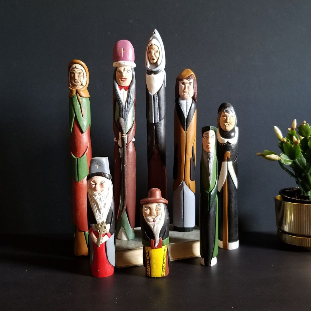 Set of 8 Carved Wood Figurines - 5.5to15.4" Graduated Size Vintage ...