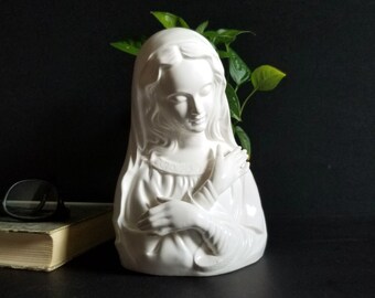 White Ceramic Virgin Mary Planter - 7.5" Tall Vintage Rubens Japan 317 Flower Vase - Religious Figurine