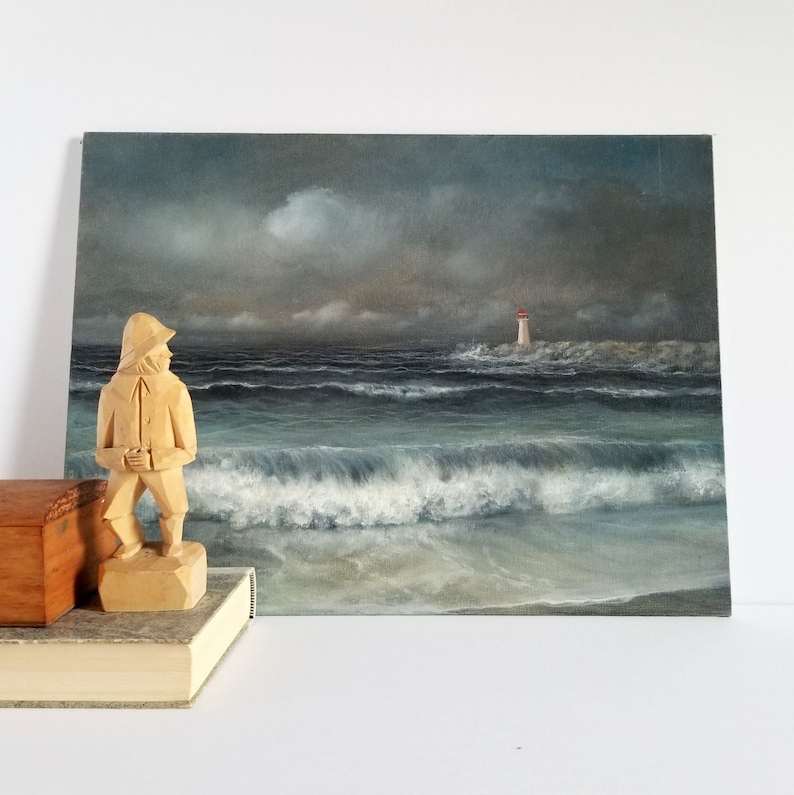 Blue Wall Decor 16x12 Vintage Oil Painting on Canvas Board Blue Seascape Painting w Lighthouse David Jean Signed Original Art
