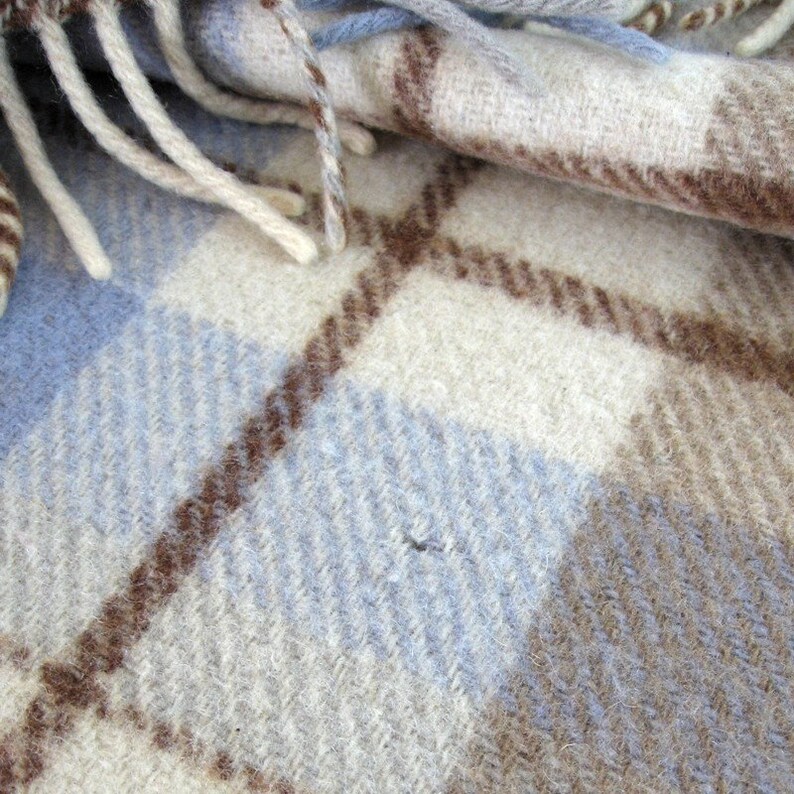 Vintage Wool Plaid Blanket with Fringe Blue Brown Ivory Home Etsy