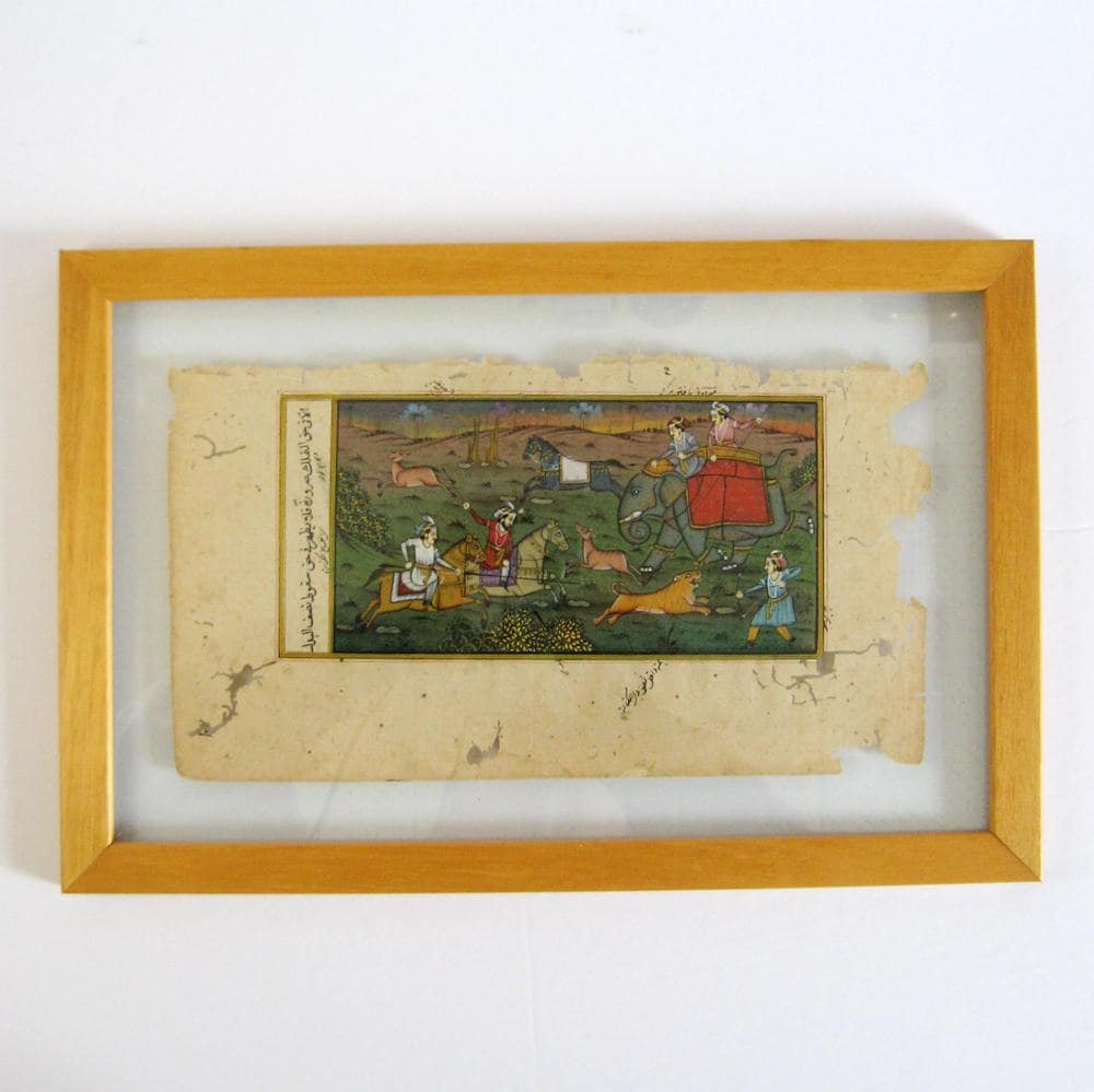 Peinture D'inspiration Moghole – Chasse Au Tigre à Cheval Et éléphant (Inde, Tissu)