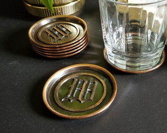 Set of 7 Copper Coasters w Letter W Monogram - Vintage Hyde Park Metal Coaster Set - Copper Barware - Cocktail Party Decor