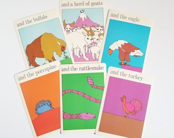 Set of 6 Colorful Animal Pop Art Prints - Vintage MoMA Flash Cards Illustration Art