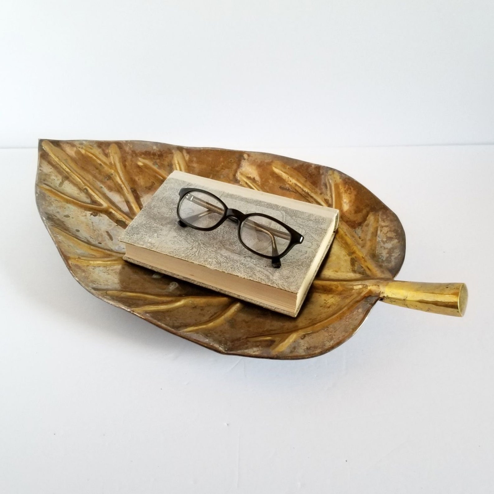 Large Silver Plated Leaf Tray W Brass Stem Handle Etsy