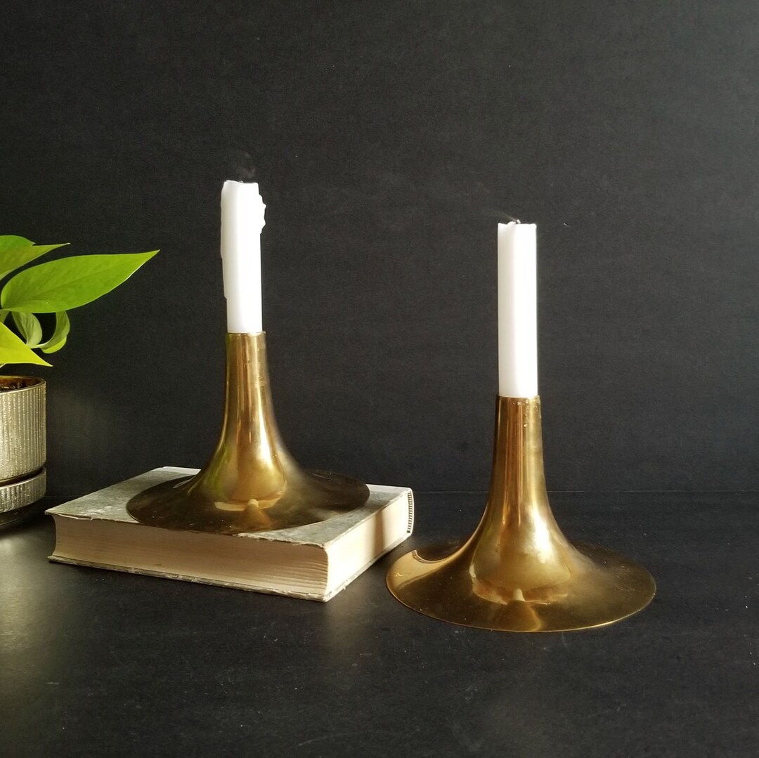 Pair of Brass Horn Bell Candle Holders Vintage 4.25 Etsy