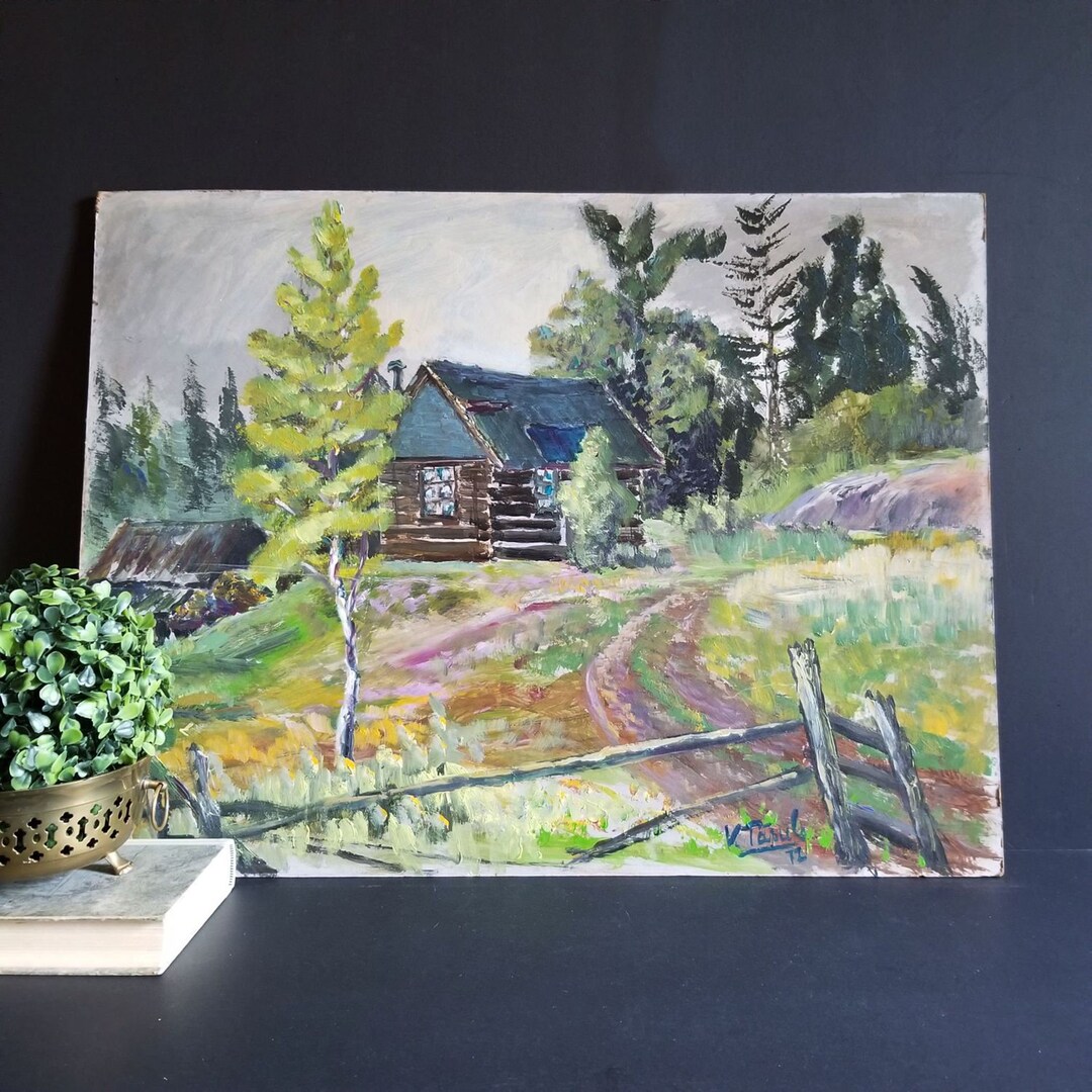 Log Cabin Scene - 24x18" Vintage Oil Landscape Painting - Signed ...