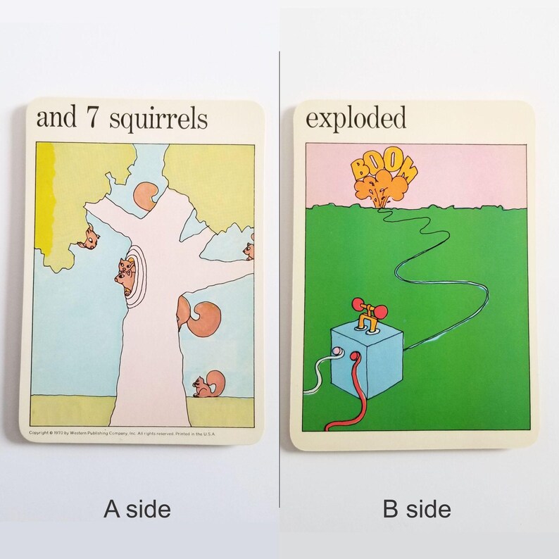 an image showing both sides of the same rectangular card. Side A has an illustration of squirrels on a tree and the text 'and 7 squirrels' at the top. Side B has an illustration of a bomb detonator on a green background and the text 'exploded' at the top.