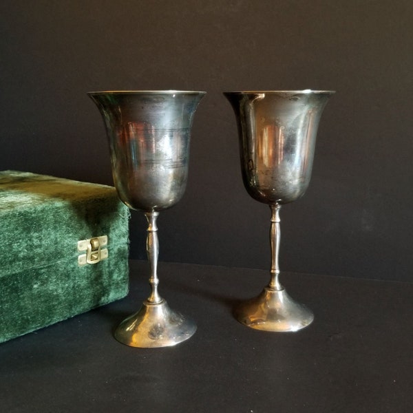 Pair of Silver Wine Goblets in Green Velvet Gift Box - 10oz Vintage Silver Plated Stemware