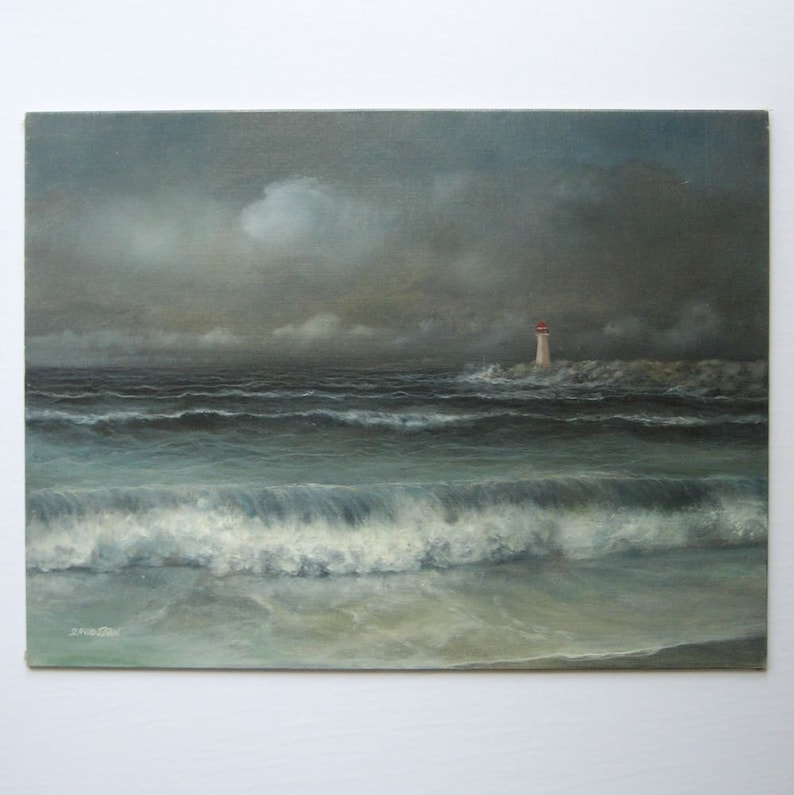 Blue Wall Decor 16x12 Vintage Oil Painting on Canvas Board Blue Seascape Painting w Lighthouse David Jean Signed Original Art