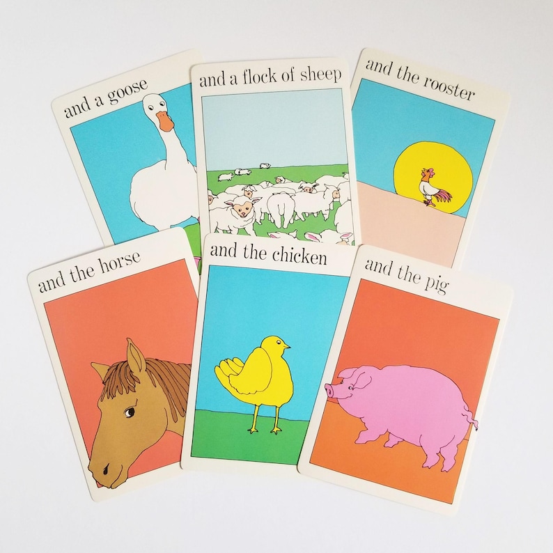 A set of 6 vintage rectangular cards with colourful illustrations of animals with black text across the top. The text on the cards reads 'and the chicken', 'and the horse', 'and a goose', 'and a flock of sheep', 'and the rooster', 'and the pig'. The cartoon style illustrations have a white border around the edges.