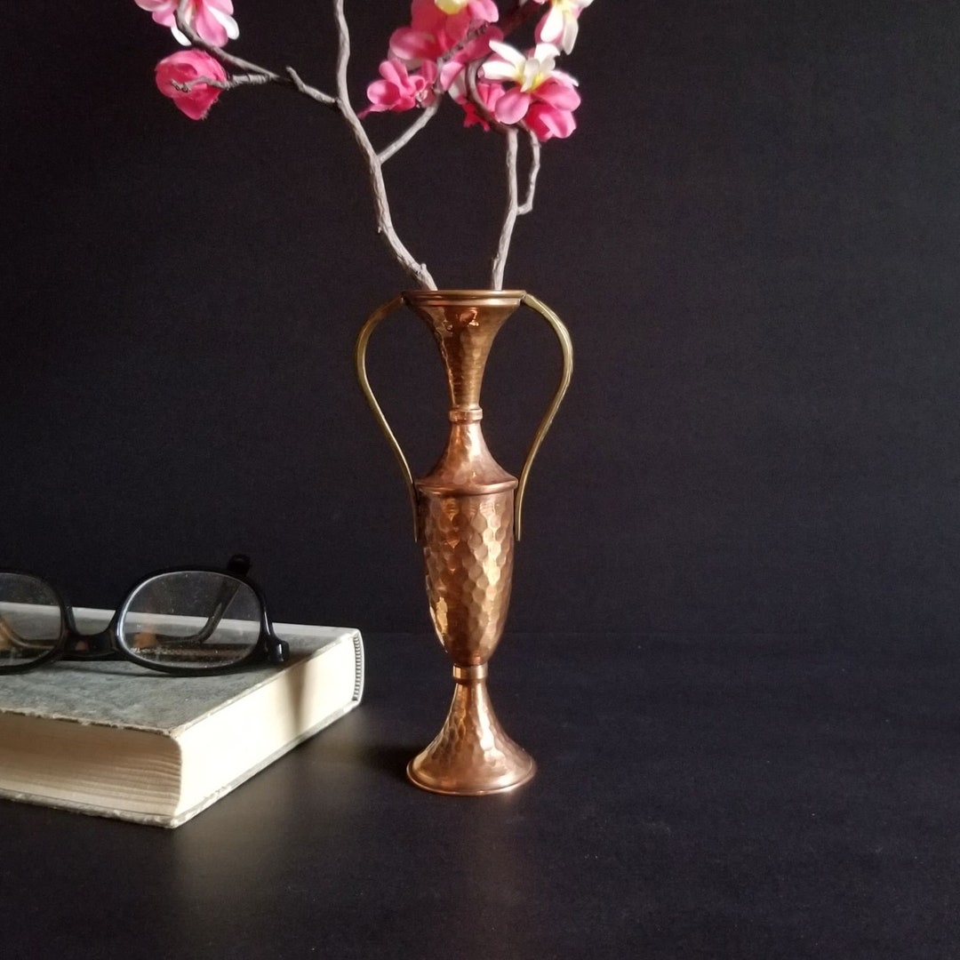 Hammered Copper Bud Vase W 2 Brass Handles Vintage Footed Etsy