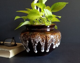 Brown Ceramic Planter Pot w White Fat Lava Drip Glaze - 5.5" Tall Vintage Mid Century 70s Ceramic Art Pottery