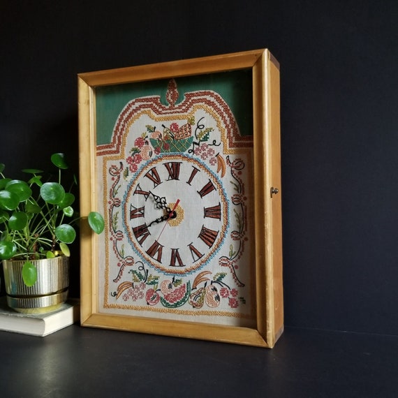 Vintage Cross Stitch Clock Large Wood Clock Case Working Etsy