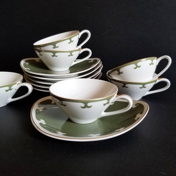 Set of 6 Toyotoki Tea Cups & Saucers - Vintage Avocado Green