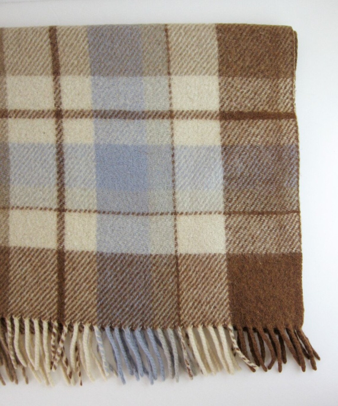 Vintage Wool Plaid Blanket with Fringe Blue Brown Ivory Home Etsy