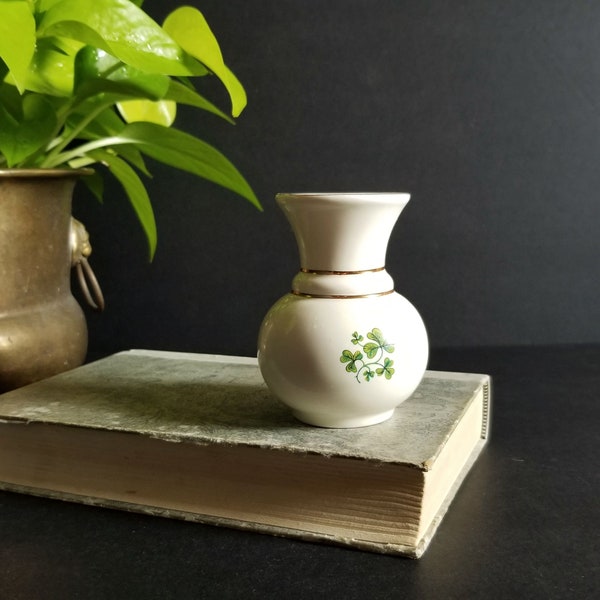 Carrigcraft Ireland Porcelain Vase w Green Shamrock Design - Vintage Carrigaline Flower Bud Vase w 24 kt Gold Trim - County Cork