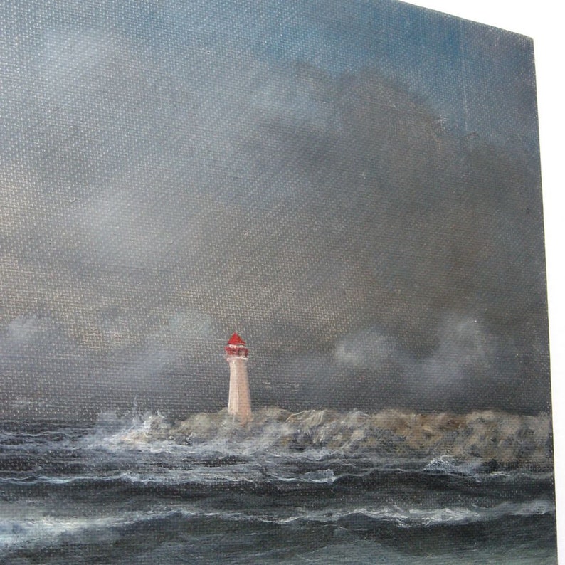 Blue Wall Decor 16x12 Vintage Oil Painting on Canvas Board Blue Seascape Painting w Lighthouse David Jean Signed Original Art