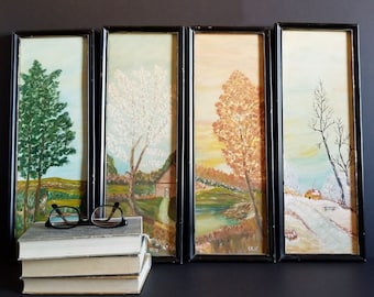 The Four Seasons Landscape Paintings - Set of 4 Vintage Framed Oil Paintings - Spring Summer Fall Winter Landscape Art