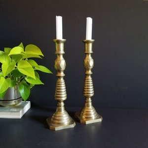 Pair of Solid Brass Candlestick Holders - Vintage 12" Tall Brass Candleholders w Beehive & Diamond Columns