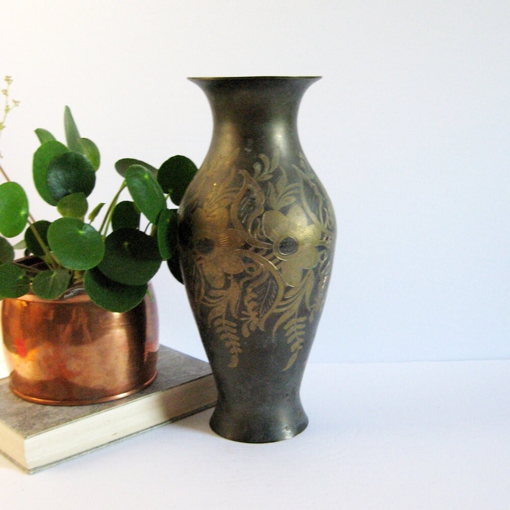 11 Tall Vintage Etched Brass Flower Vase Black and Etsy