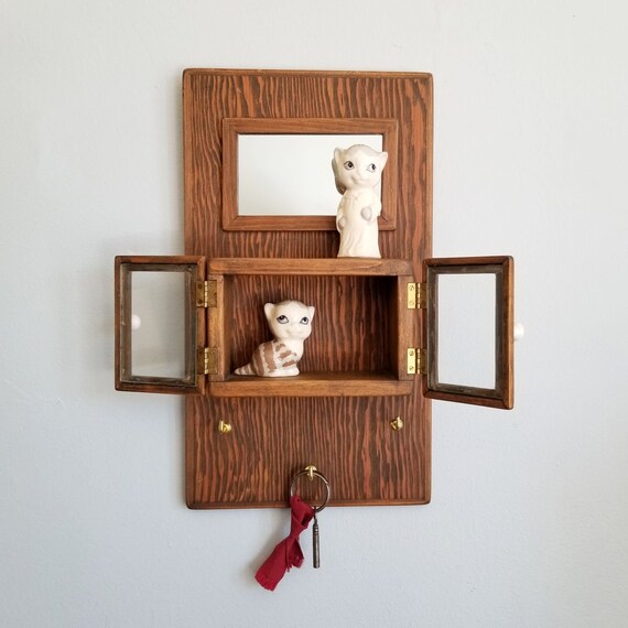 Vintage Wood Curio Cabinet W Glass Doors Key Hooks Mirror Wall Hanging Curiosity Cabinet Farmhouse Wall Decor Front Entry Decor