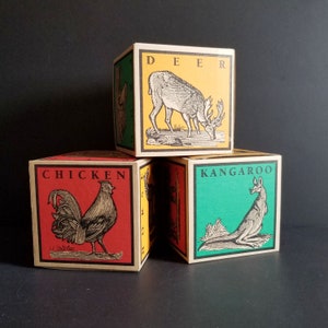 Large Cardboard Building Blocks w Animal Prints - Vintage Set of 15 Colorful Gift Boxes - 6" Cube Storage Boxes - Childrens Party Room Decor