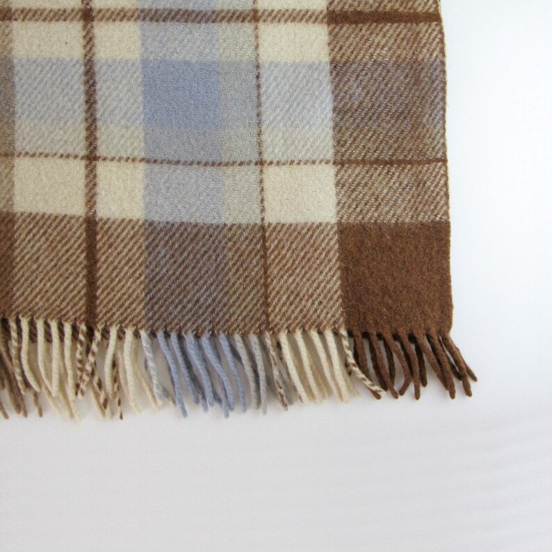 Vintage Wool Plaid Blanket with Fringe Blue Brown Ivory Home Etsy