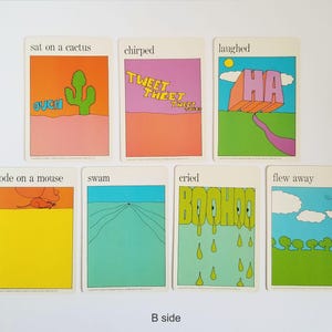 The other side of the same set of 7 vintage rectangular cards with visual illustrations of action verbs and text in black across the top. The text on the cards reads 'sat on a cactus', 'chirped', 'laughed', 'rode on a mouse', 'swam', 'cried', and 'flew away'. The cartoon style illustrations are very colourful and have a white border around the edges.