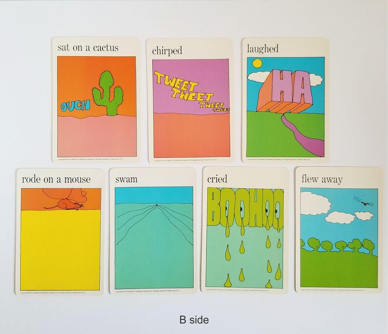 The other side of the same set of 7 vintage rectangular cards with visual illustrations of action verbs and text in black across the top. The text on the cards reads 'sat on a cactus', 'chirped', 'laughed', 'rode on a mouse', 'swam', 'cried', and 'flew away'. The cartoon style illustrations are very colourful and have a white border around the edges.