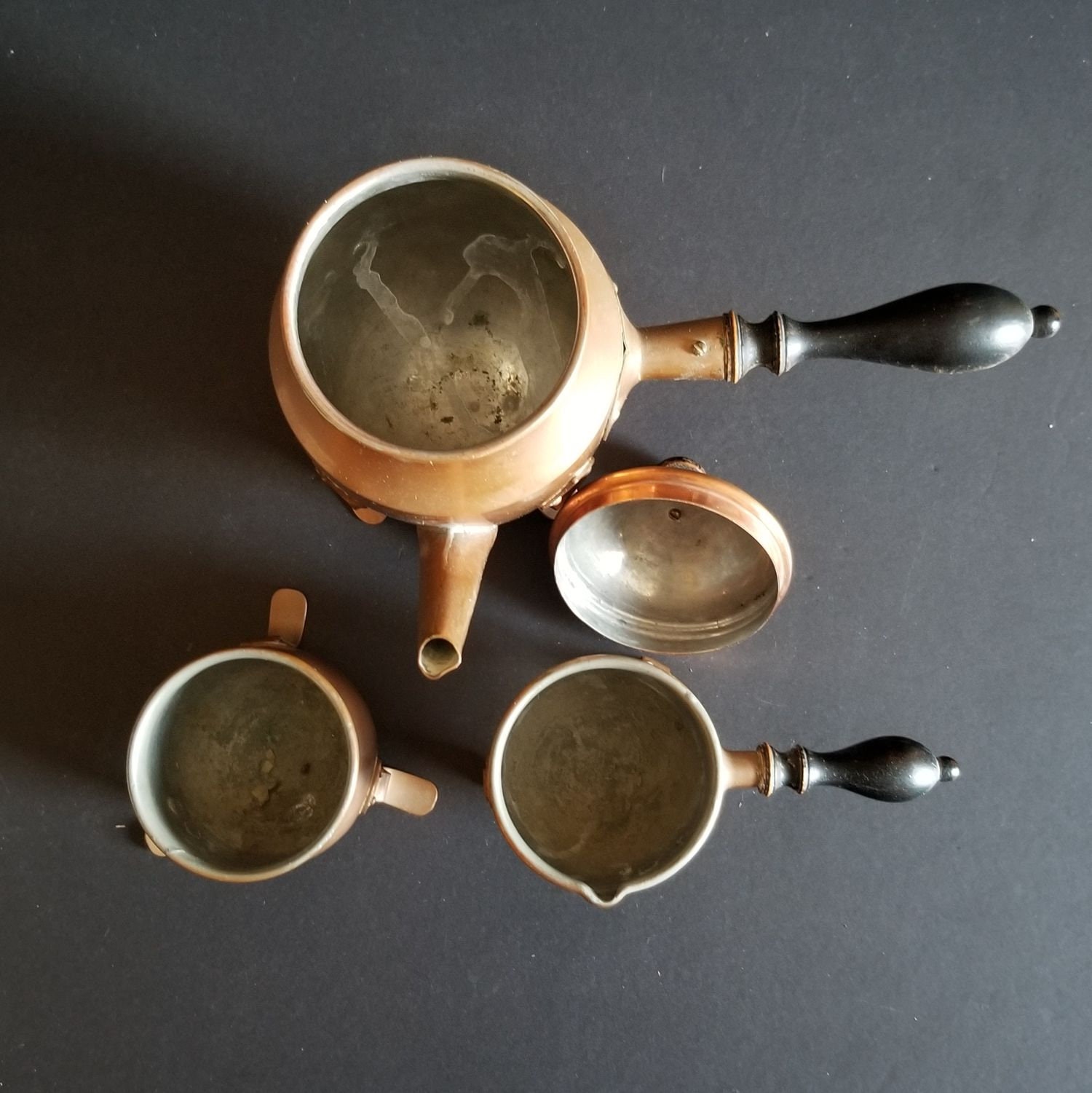 Copper Turkish Coffee Maker with Wooden Handle, Creamer, and a Cup