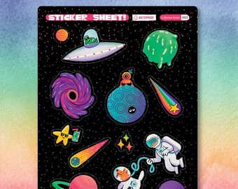 May include: A sticker sheet with a space theme. The sheet features a black background with colorful stickers of planets, stars, a comet, a spaceship, an astronaut, a dog, and a black hole. The text "Sticker Sheet!" and "Collector Series 003" is printed at the top of the sheet. The text "Cactus Club Paper Goods" is printed at the bottom of the sheet.