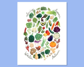 May include: A watercolor illustration of a variety of vegetables arranged in a circle, with the seasons of the year labeled around the circle: Spring, Summer, Autumn, Winter.