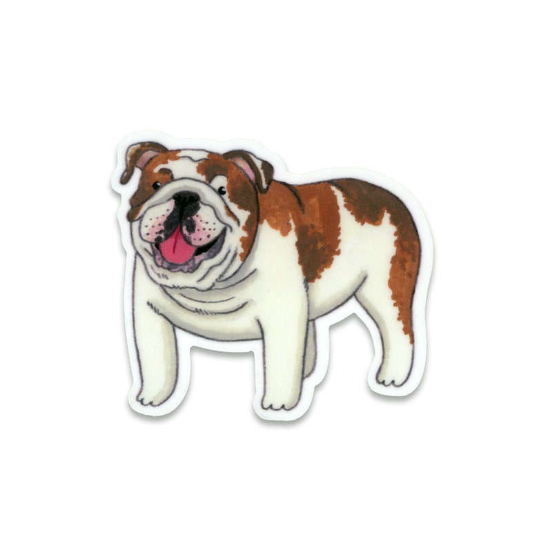 K&ouml;nnte beinhalten: Eine Cartoon-Illustration eines wei&szlig;en und braunen Bulldogs mit herausgestreckter rosa Zunge. Der Bulldog steht auf allen vieren und hat einen fr&ouml;hlichen Gesichtsausdruck.