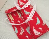 Pencil Roll Case - Designer Cotton - Daysail Red by Bonnie & Camille for Moda - Crochet Lace Tie - Artists Wrap -